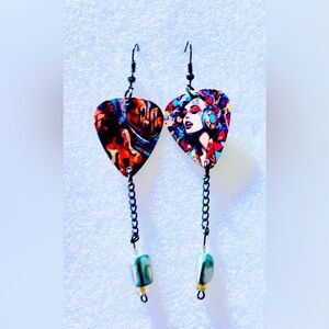 Music inspired  guitar pick earrings w/ silver chain and accent beads